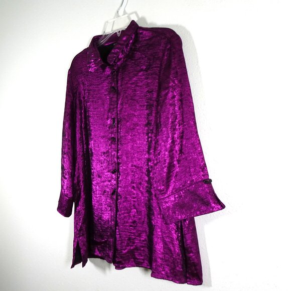 Ali Miles Tunic Top Women's Size L Purple Metallic 3/4 Sleeve Wire Collar - Picture 3 of 12
